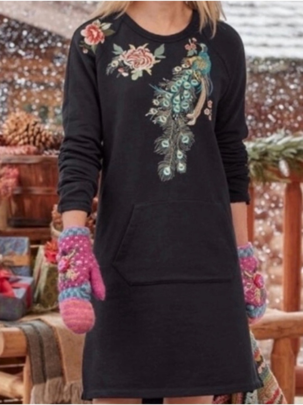 Black Sweatshirt Dress with Embroidered Peacock & Floral Motif